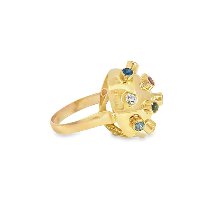 Multi Gemstone 18K Yellow Gold Retro Dome Ring