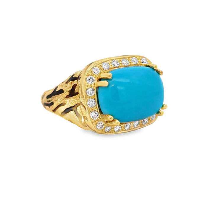 Sal Praschnik 0.54 CTW Diamond & 9.39 CT Turquoise 18K Yellow Gold Black Enamel Cheetah Print Ring