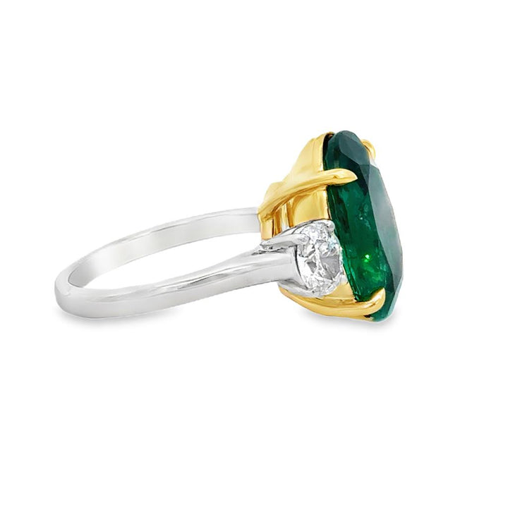 7.05 CT Oval Emerald & 0.70 CTW Diamond Platinum & Yellow Gold 3 Stone Ring - AGL