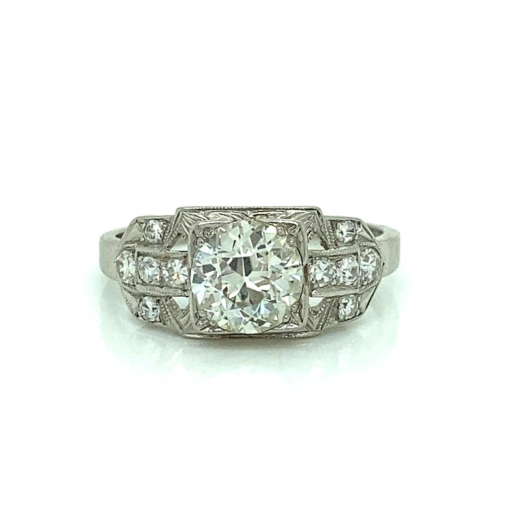 Vintage Art Deco 0.91 CT Old European L Vs2 Diamond Platinum Engagement Ring