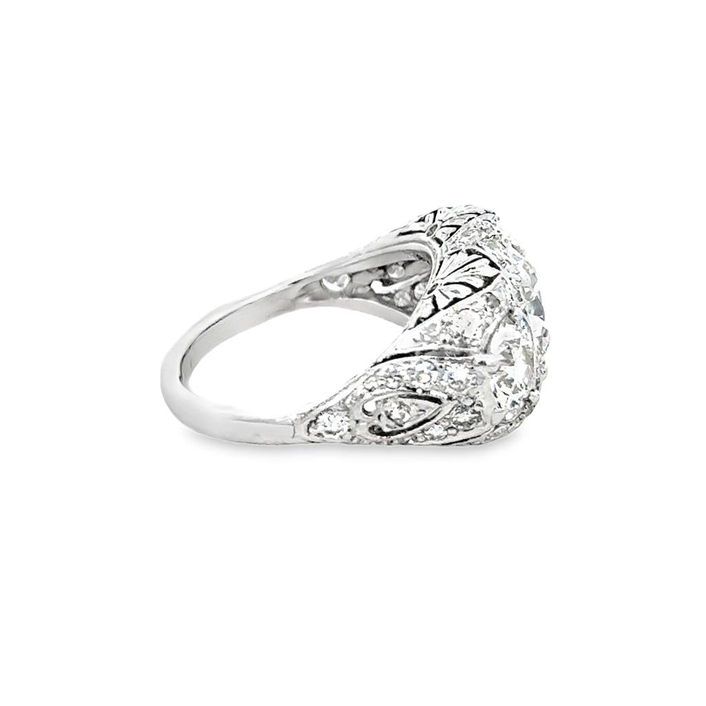 Art Deco Platinum 3-Stone Diamond Ring – 1.42 CT Center, 1.50 CTW Sides