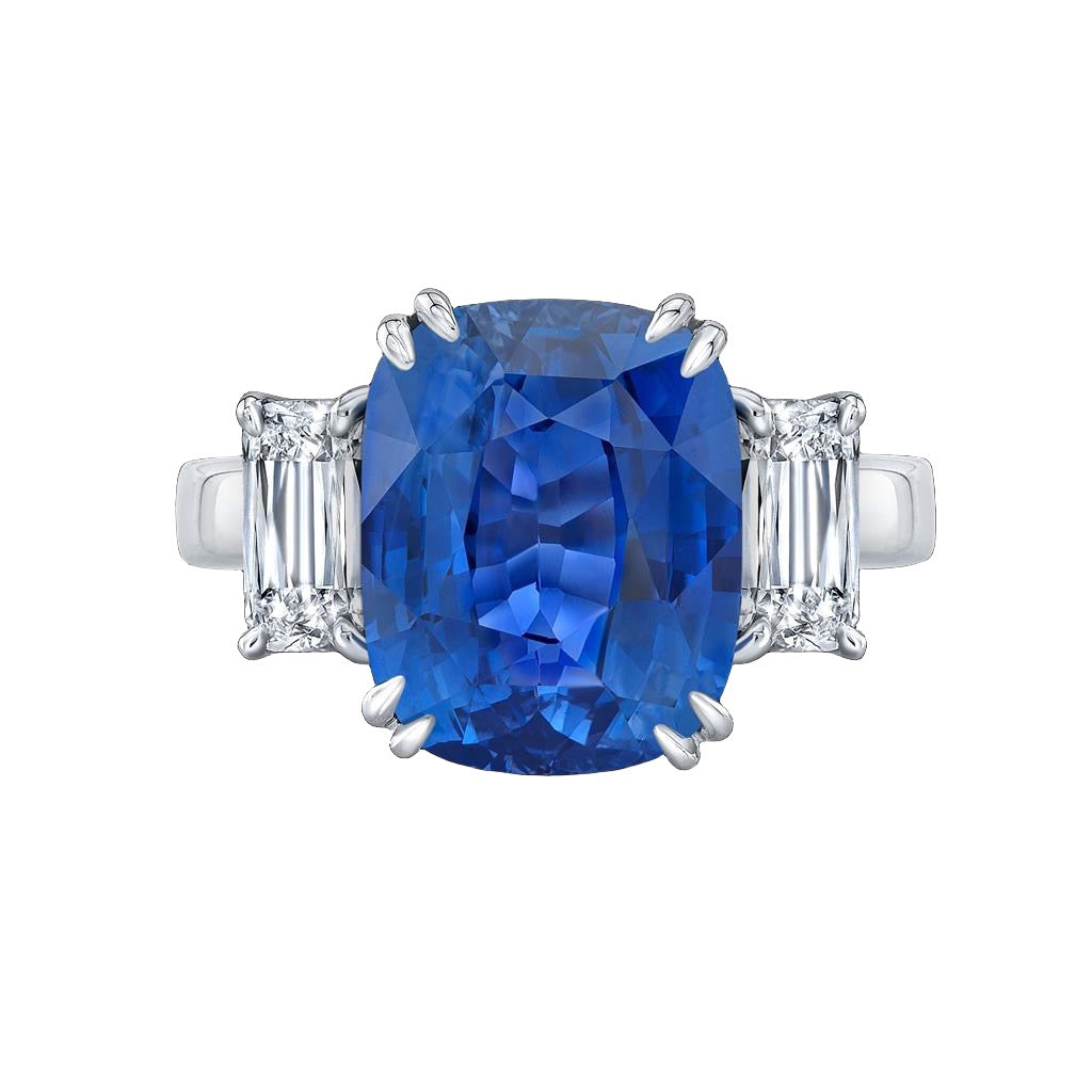 Robert Procop 8.64 CT Cushion Shape Unheated Blue Sapphire 1.72 CTW Ashoka Diamonds Platinum Ring