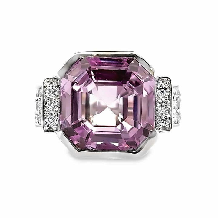 22.12 CT Kunzite and Diamond Ring 18K White Gold