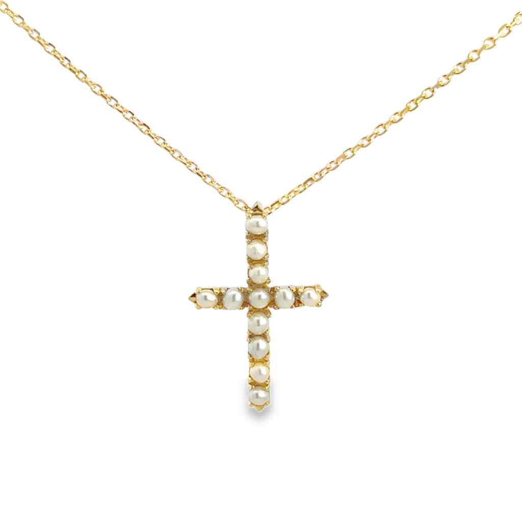 Freshwater Pearl Cross 14K Yellow Gold Necklace