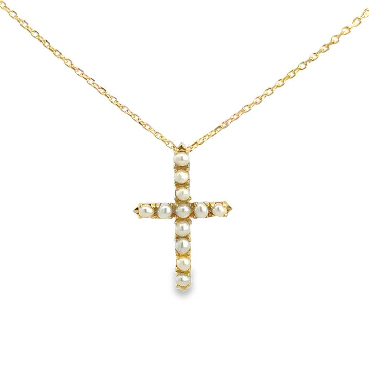Freshwater Pearl Cross 14K Yellow Gold Necklace