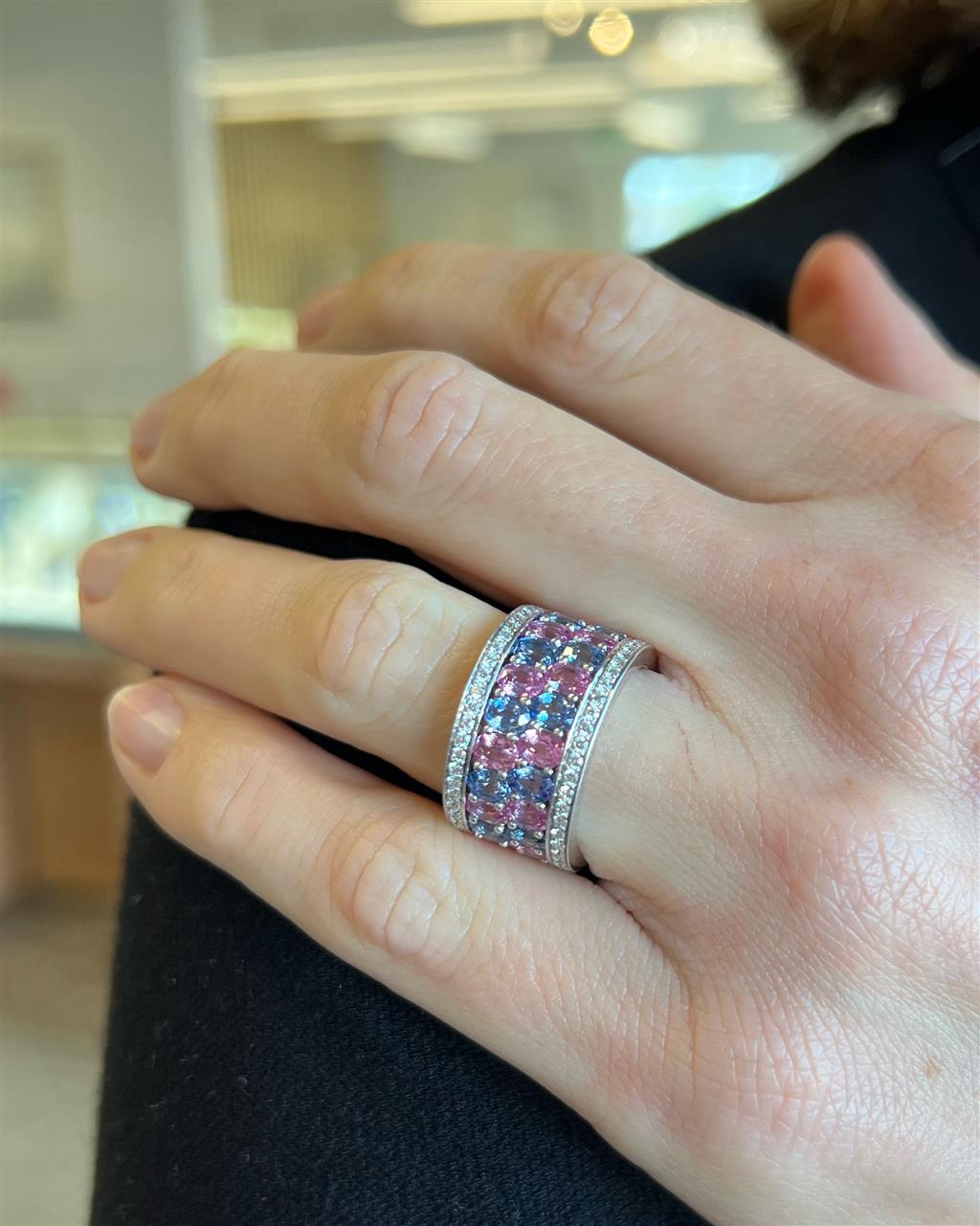 Robert Procop American Glamour 4.03 CTW Pink Sapphire and 3.98 CTW Light Blue Sapphire Platinum Eternity Ring