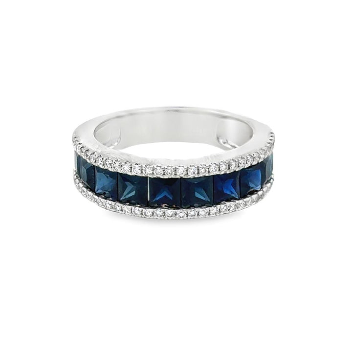 Princess Cut Sapphire & Diamond Wide Band Ring in 14K White Gold
