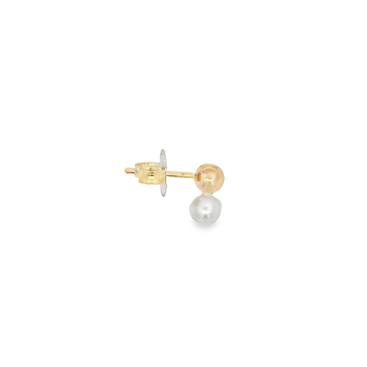 14K Yellow Gold Ball and White Pearl Drop Stud Earrings