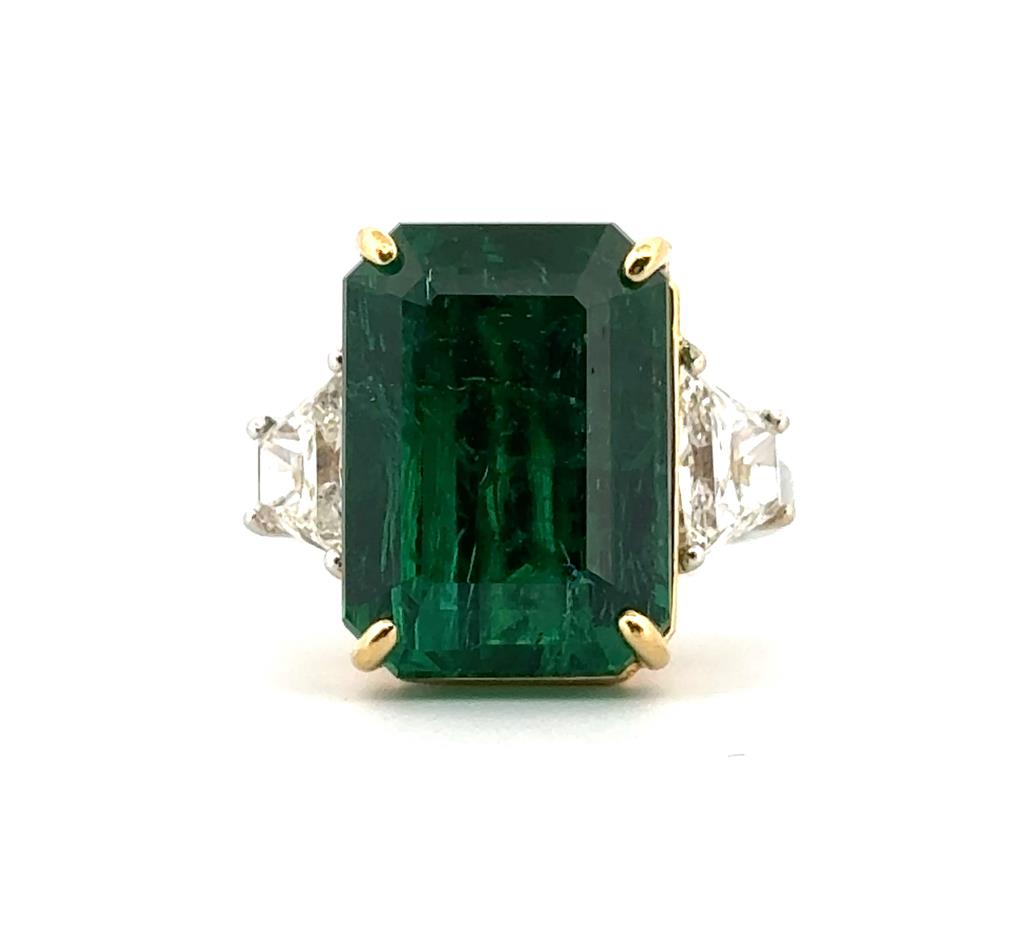 12.89 CT Emerald Cut Emerald and 1.23 CTW Diamond 18K Yellow Gold Ring