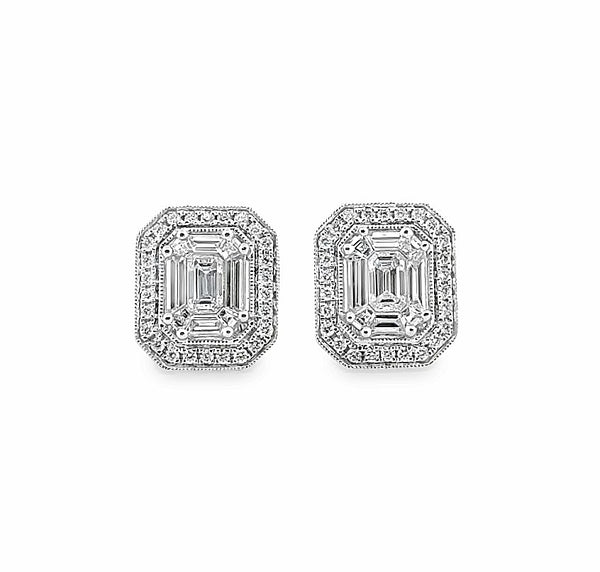 1.20 CTW Baguette and Round Diamond 18K White Gold Earrings