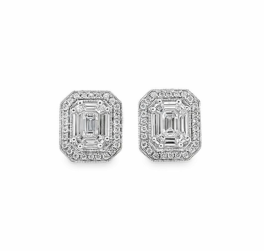 1.20 CTW Baguette and Round Diamond 18K White Gold Earrings