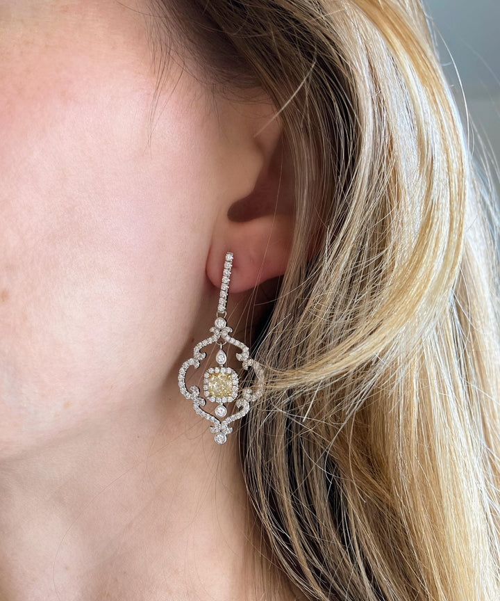2.05 CTW Fancy Yellow Diamond Earrings in 18K Yellow &amp; White Gold