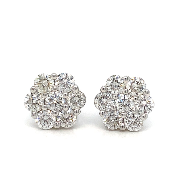 1.62 CTW Round Brilliant Diamond 18K White Gold Cluster Design Earrings