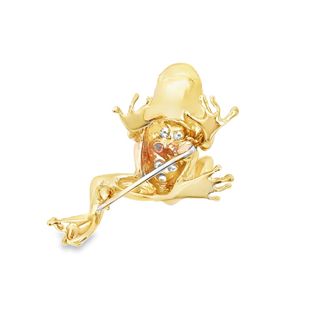 0.24 CTW Diamond Frog Brooch Pin with Ruby Eyes in 14K Yellow Gold
