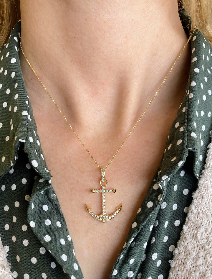 0.62 CTW Diamond Anchor Pendant Necklace in 18K Yellow Gold