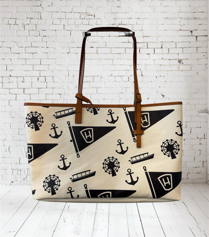 Wm. Harold Store-Branded x George Esquivel 18.5" Leather Tote Handbag – Nautical Flag & Anchor Print