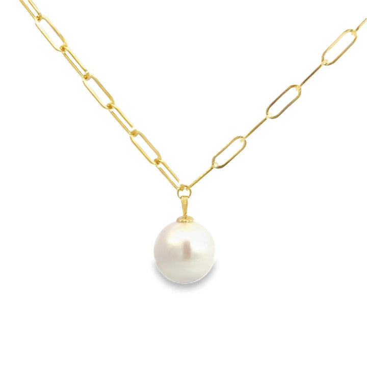 15mm Freshwater Pearl Pendant Necklace in 14K Yellow Gold on Paperclip Chain