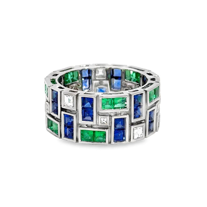 Masterpiece 5.49 CTW Emerald, Blue Sapphire & Diamond French-Cut Eternity Ring – Platinum