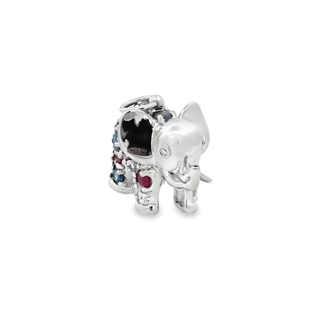 14K White Gold Aquamarine, Ruby & Sapphire Elephant Pendant/Charm