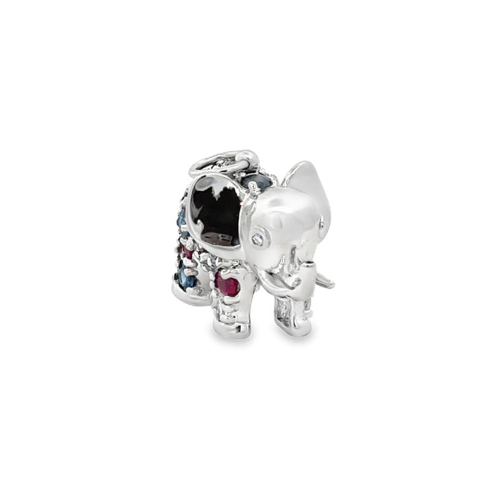 14K White Gold Aquamarine, Ruby & Sapphire Elephant Pendant/Charm