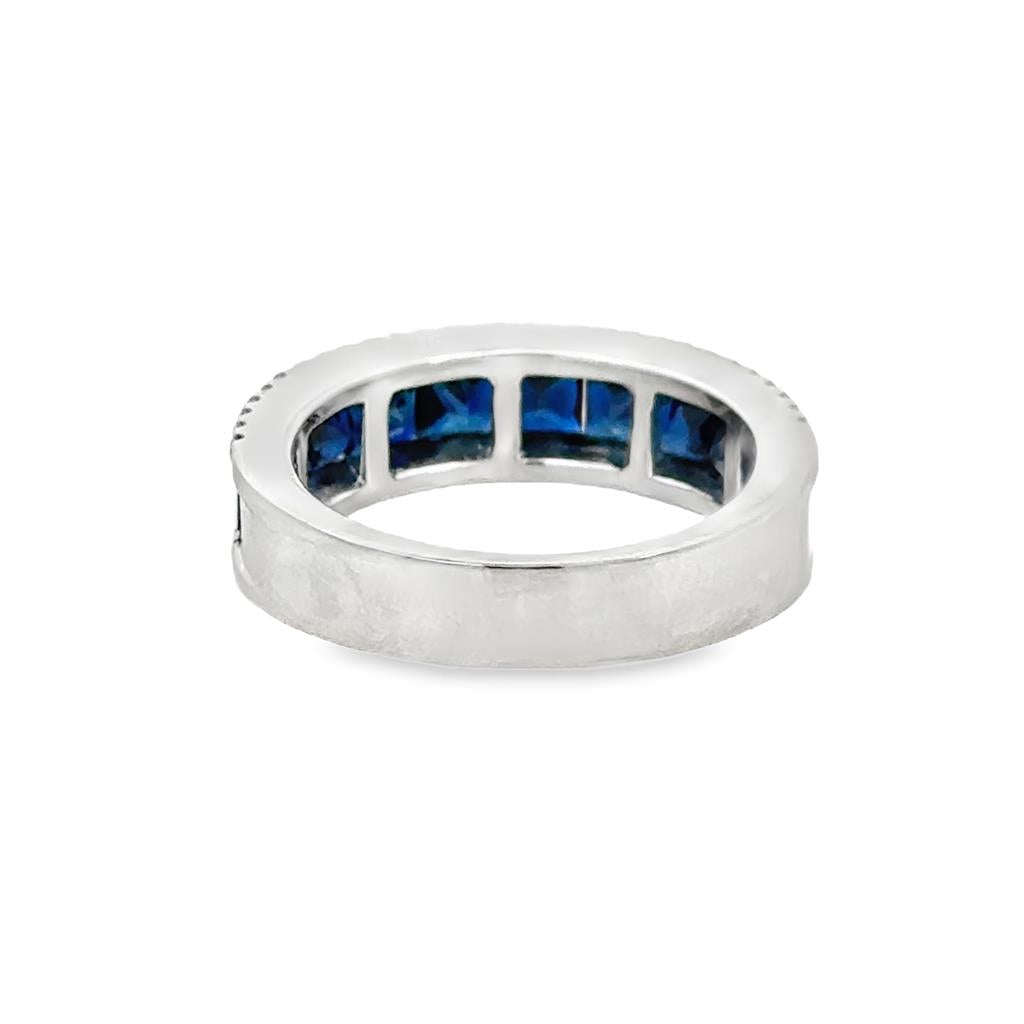 Princess Cut Sapphire & Diamond Wide Band Ring in 14K White Gold