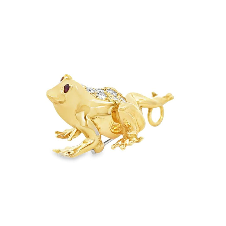 0.24 CTW Diamond Frog Brooch Pin with Ruby Eyes in 14K Yellow Gold