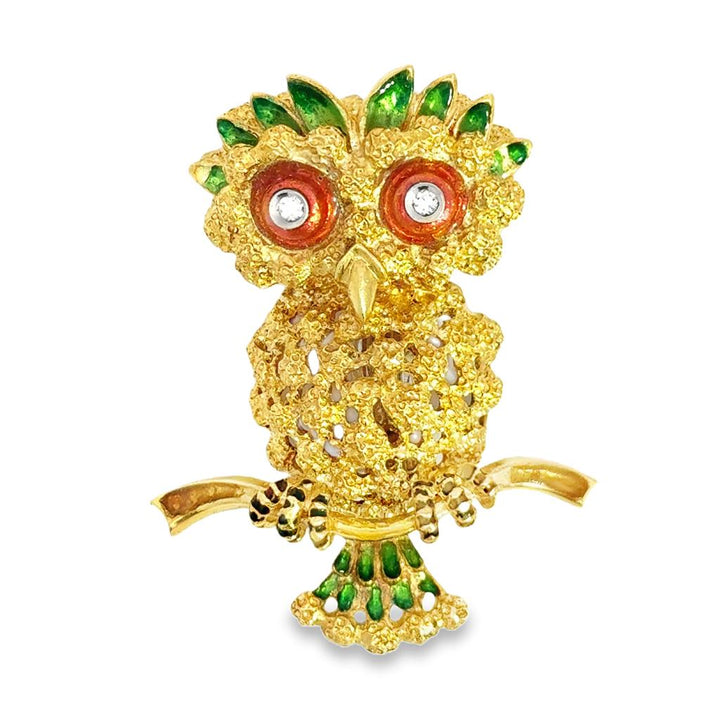 Sal Praschnik Enamel & Diamond Owl Brooch in 18K Yellow Gold