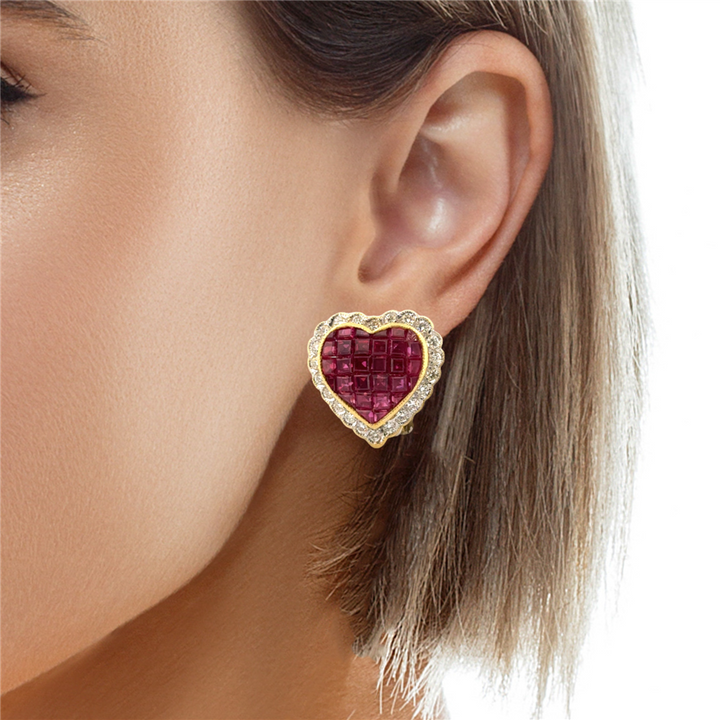 4.25CTW Ruby Heart Earrings with Diamonds in 18K Yellow Gold