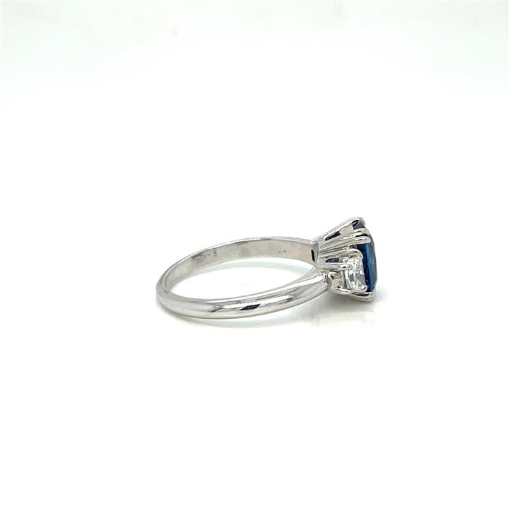 2.67ct Cushion Cut Blue Sapphire Ring with .37ctw Trapezoid Diamonds set in Platinum
