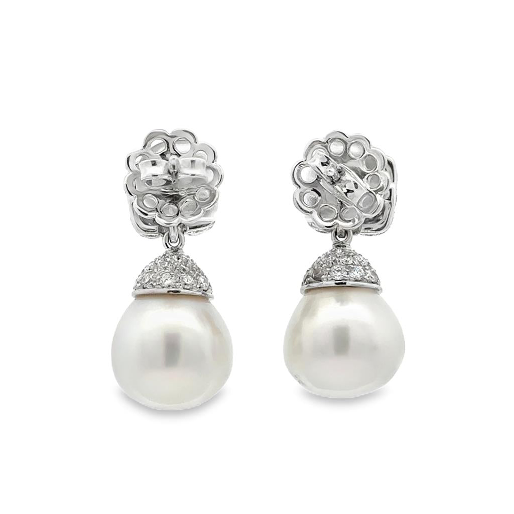 12MM South Sea White Pearl & 3.00 CTW Diamond 18K White Gold Drop Earrings