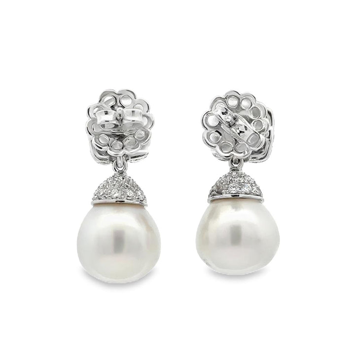 12MM South Sea White Pearl & 3.00 CTW Diamond 18K White Gold Drop Earrings