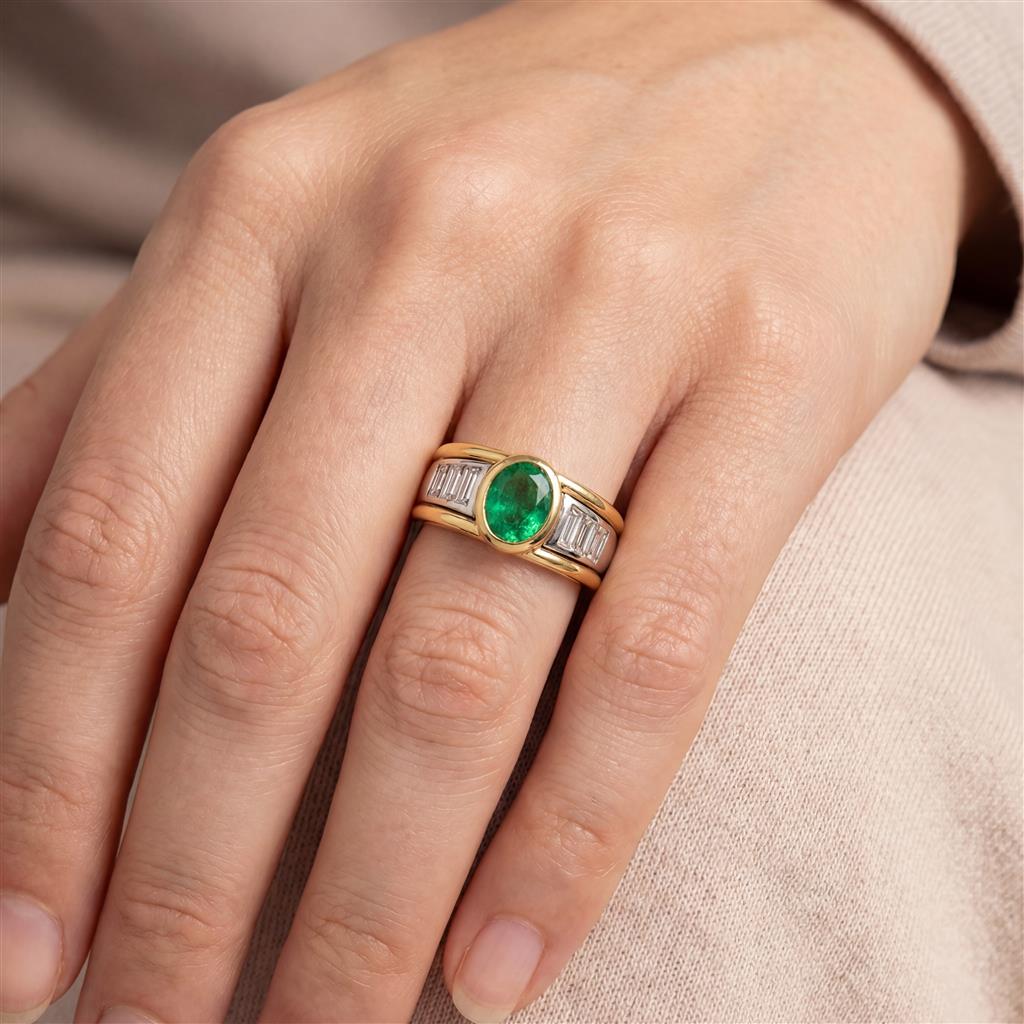 Oval Emerald & Baguette Diamond 18K Yellow Gold & Platinum Ring