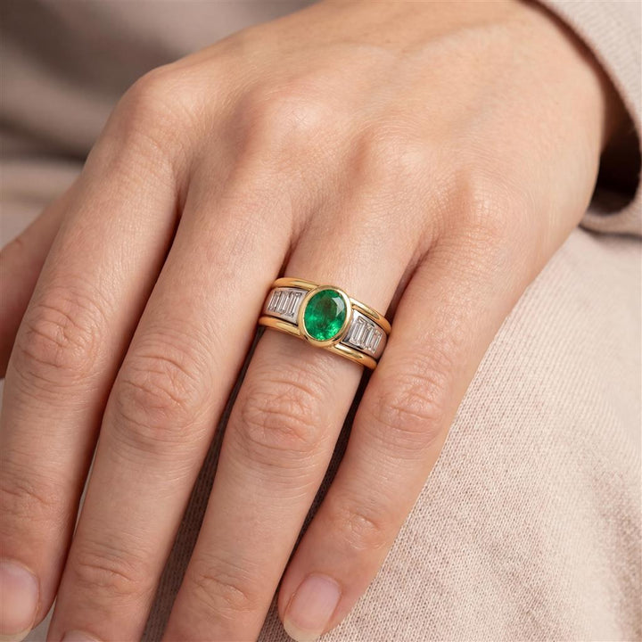 Oval Emerald & Baguette Diamond 18K Yellow Gold & Platinum Ring