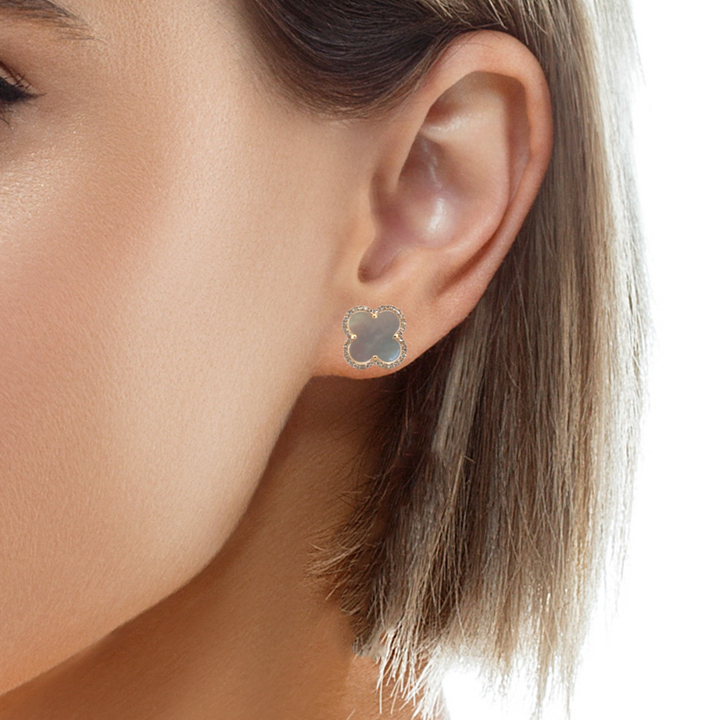 3.05 CTW Mother of Pearl Clover Stud Earrings in 14K Yellow Gold
