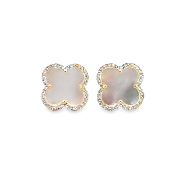 3.05 CTW Mother of Pearl Clover Stud Earrings in 14K Yellow Gold