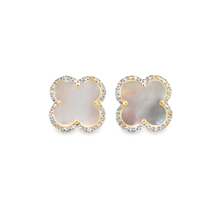3.05 CTW Mother of Pearl Clover Stud Earrings in 14K Yellow Gold