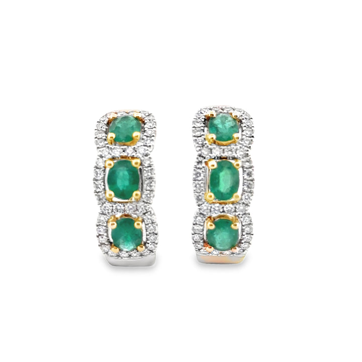 1.82 CTW Emerald and 0.71 CTW Diamond Hoop Earrings in 14K Two Tone Gold