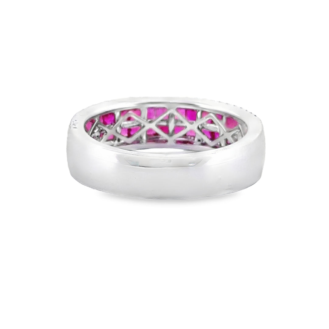 14K White Gold Wide Band Ring with 1.21 CTW Square Rubies and 0.17 CTW Round Diamonds