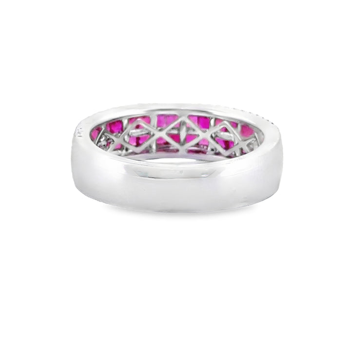 14K White Gold Wide Band Ring with 1.21 CTW Square Rubies and 0.17 CTW Round Diamonds