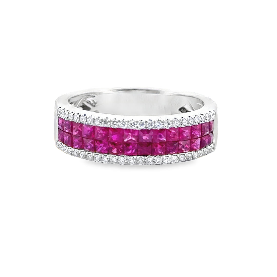 14K White Gold Wide Band Ring with 1.21 CTW Square Rubies and 0.17 CTW Round Diamonds