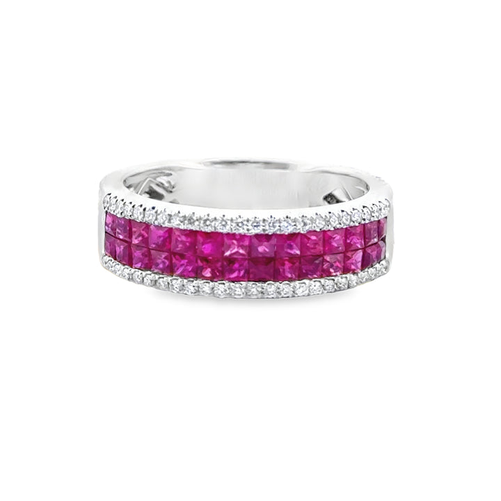 14K White Gold Wide Band Ring with 1.21 CTW Square Rubies and 0.17 CTW Round Diamonds