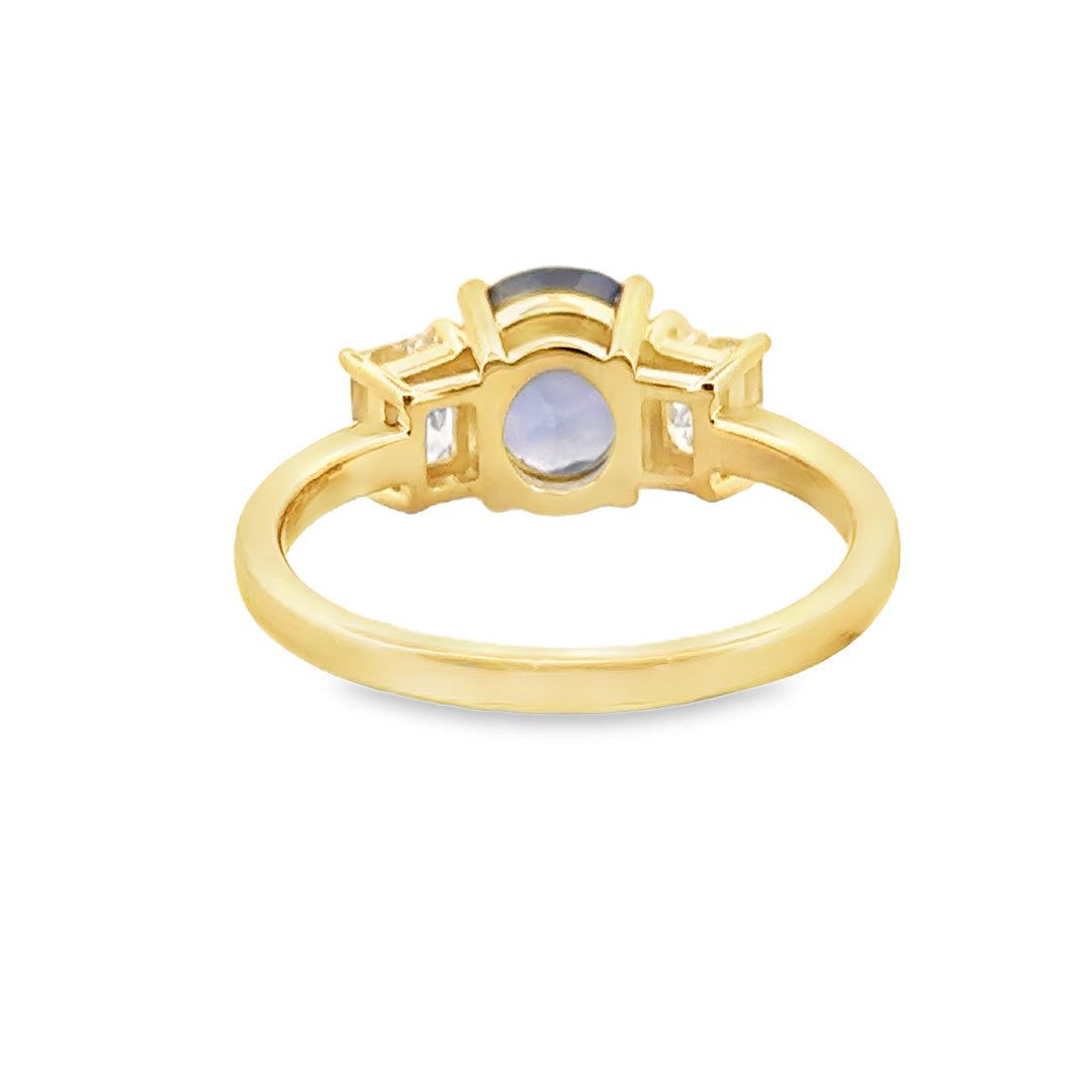 2.36 CT Oval Unheated Sapphire and 1.00 CTW Emerald Cut Diamond Three-Stone Ring, 18K Yellow Gold