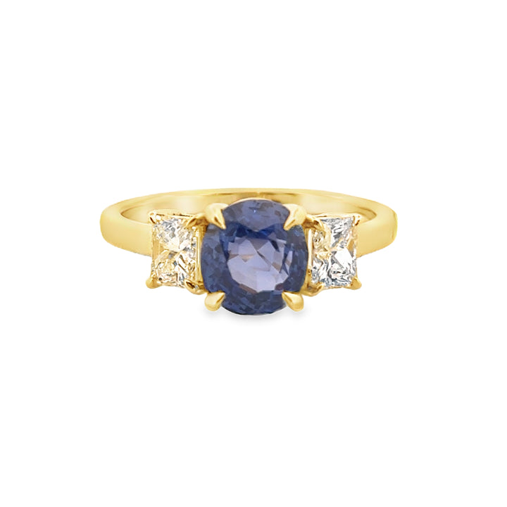 2.36 CT Oval Unheated Sapphire and 1.00 CTW Emerald Cut Diamond Three-Stone Ring, 18K Yellow Gold