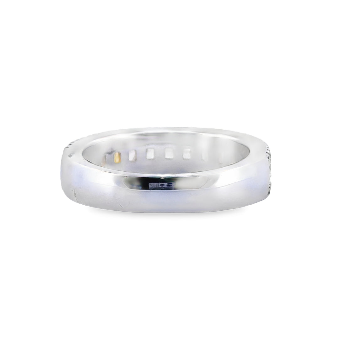 18K White Gold Ring with 1.71 CTW Radiant Yellow Diamonds and 0.25 CTW Round Diamonds, 5mm Wide
