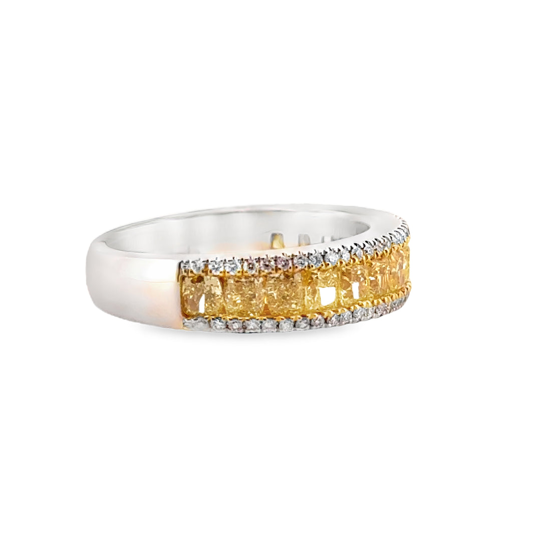 18K White Gold Ring with 1.71 CTW Radiant Yellow Diamonds and 0.25 CTW Round Diamonds, 5mm Wide