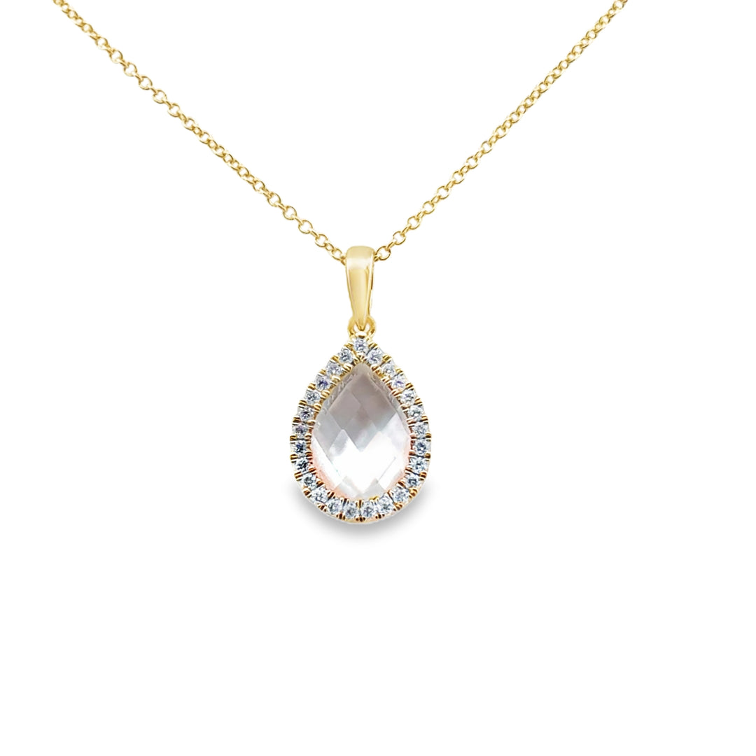 1.91 CTW Quartz over White Mother of Pearl Halo Pendant Necklace in 18K Yellow Gold