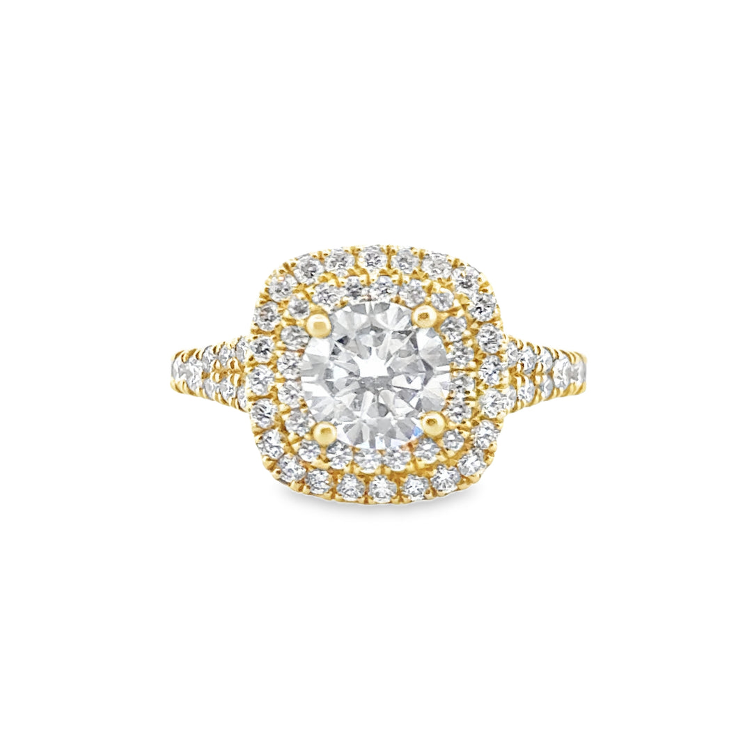 Cushion Shape Double Halo Engagement Ring Mounting in 18K Yellow Gold