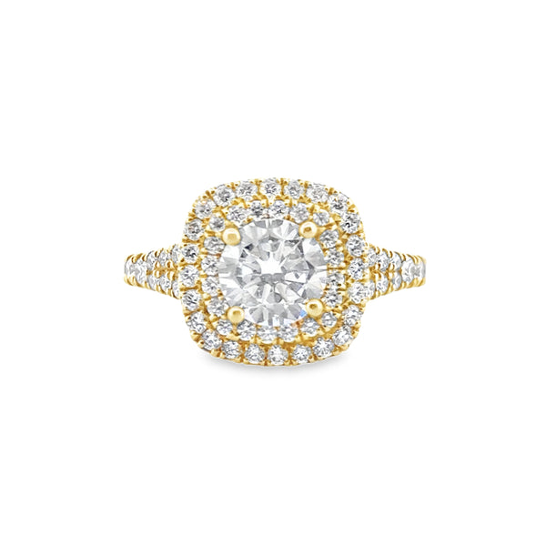 Cushion Shape Double Halo Engagement Ring Mounting in 18K Yellow Gold