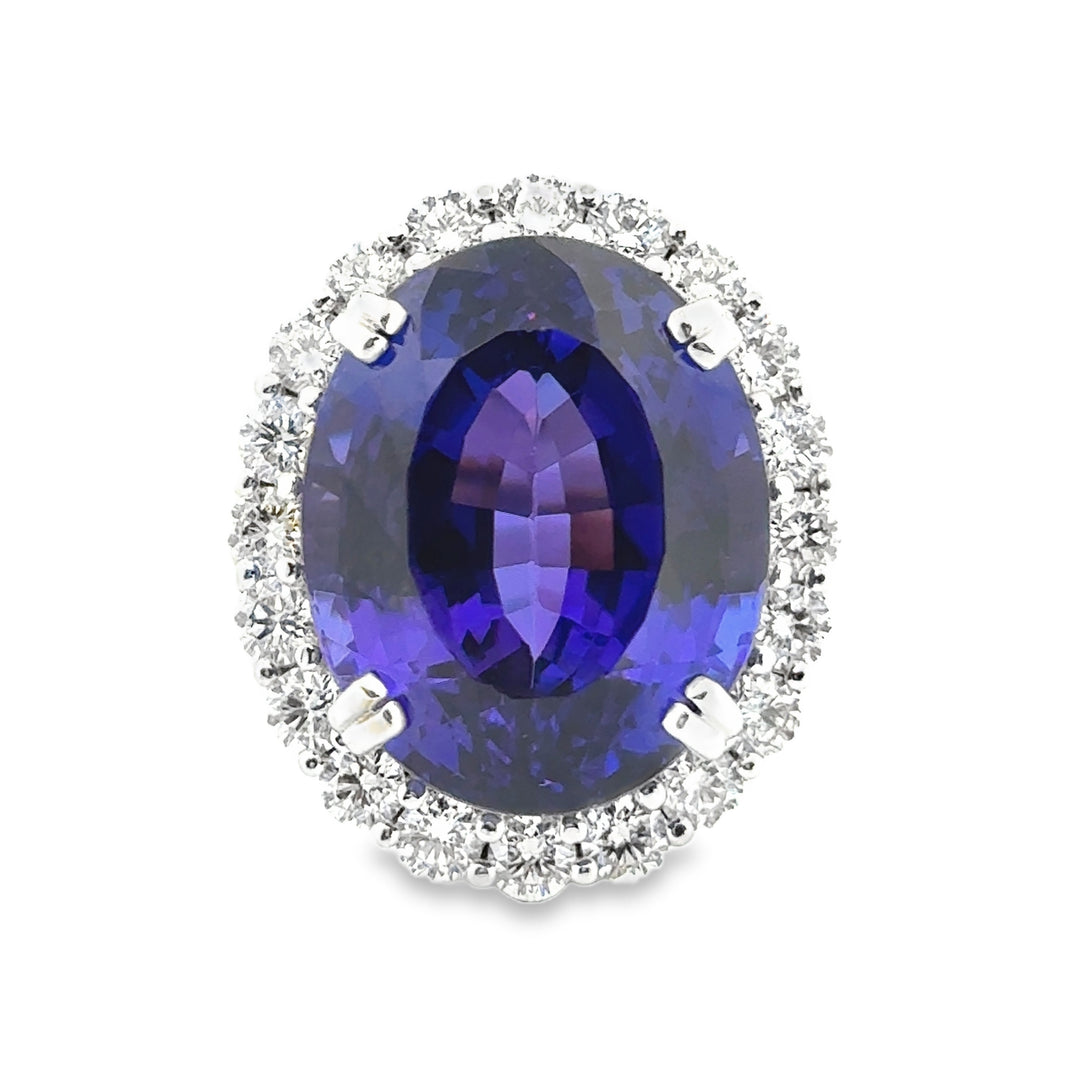 28.50 CT Oval Tanzanite & 2.22 CTW Diamond Ring 18K White Gold