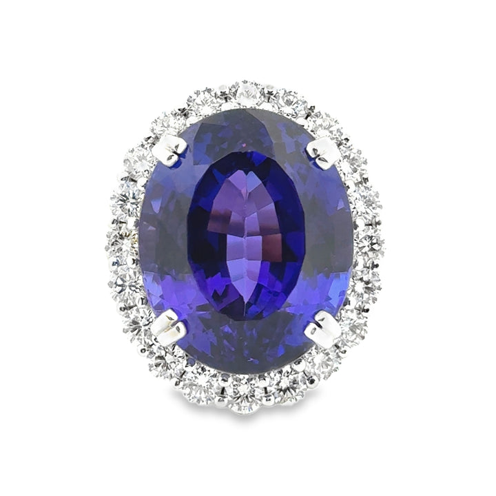 28.50 CT Oval Tanzanite & 2.22 CTW Diamond Ring 18K White Gold